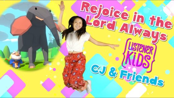 Young girl jumping with a large cartoon elephant and colorful background, title says 'Rejoice in the Lord Always' (kids' video thumbnail).