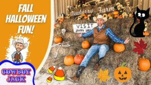 Cowboy Joe sits on hay bales with pumpkins and Halloween decor; left panel reads 'Fall Halloween Fun!' with a 'Cowboy Jack' cartoon logo.