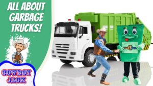 Thumbnail: a white garbage truck beside a man in cowboy gear pushing a green cartoon trash can, with title 'All About Garbage Trucks' and 'Cowboy Jack' logo on the left panel.