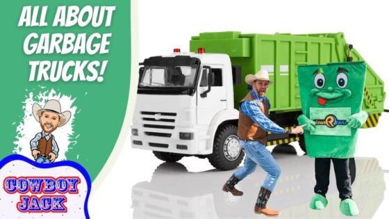 Thumbnail: a white garbage truck beside a man in cowboy gear pushing a green cartoon trash can, with title 'All About Garbage Trucks' and 'Cowboy Jack' logo on the left panel.