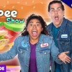 Bright thumbnail for 'The Yippee Show' with two excited hosts in denim jackets (Noel and Cameron name tags), a huge sandwich, and colorful background; 'FULL EPISODE' banner appears.