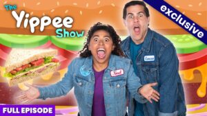 Bright thumbnail for 'The Yippee Show' with two excited hosts in denim jackets (Noel and Cameron name tags), a huge sandwich, and colorful background; 'FULL EPISODE' banner appears.