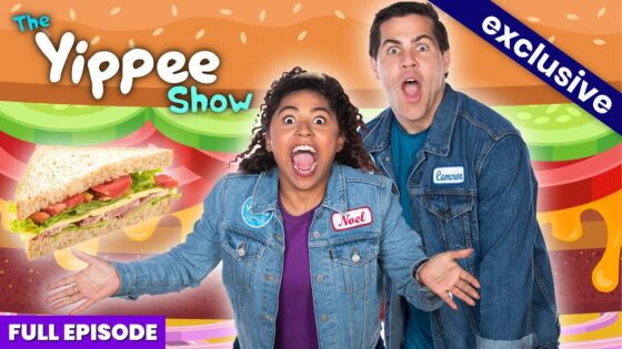 Bright thumbnail for 'The Yippee Show' with two excited hosts in denim jackets (Noel and Cameron name tags), a huge sandwich, and colorful background; 'FULL EPISODE' banner appears.