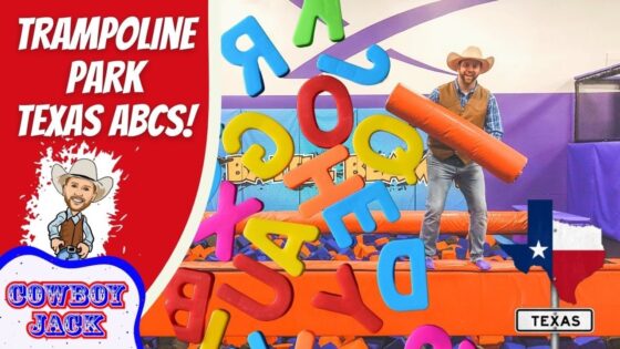 Thumbnail showing a cowboy in a hat on a trampoline obstacle course with giant colorful foam letters floating around and a Texas state badge on the right.