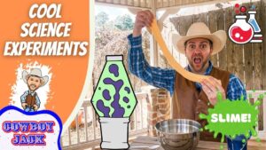 Thumbnail of a cowboy host holding a long strand of slime, with colorful science graphics and 'Cool Science Experiments' branding in the background.