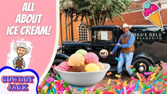 Promotional image: pink banner reading 'All About Ice Cream!', a vintage truck, a bowl of colorful ice cream scoops, and a cowboy mascot.