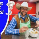 Man in cowboy hat and green apron smiles while eating pasta at a cooking class for kids; colorful left panel reads 'Cooking Class for Kids!' with cartoon cowboys.