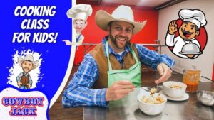 Man in cowboy hat and green apron smiles while eating pasta at a cooking class for kids; colorful left panel reads 'Cooking Class for Kids!' with cartoon cowboys.