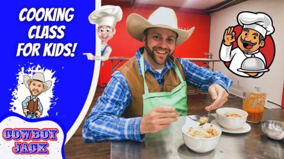 Man in cowboy hat and green apron smiles while eating pasta at a cooking class for kids; colorful left panel reads 'Cooking Class for Kids!' with cartoon cowboys.