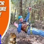 Man in helmet and harness ziplining through a forest, with an orange 'Outdoor Adventure Park' banner and playful squirrels nearby.