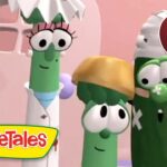 Four VeggieTales characters (green beans) stand together in a pink kitchen set, with a VeggieTales logo in the corner and a red '10 min' badge in the top right.
