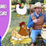 Cowboy Jack sits on a chair outdoors, surrounded by cartoon chickens, eggs, and a purple title panel reading 'Story Time: Chicken Girl' and 'Cowboy Jack'.