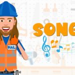 Cartoon construction worker in an orange safety vest and blue hard hat giving thumbs up beside the word 'SONGS' and colorful musical notes on a light workshop backdrop.