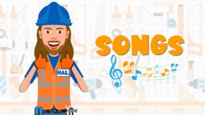Cartoon construction worker in an orange safety vest and blue hard hat giving thumbs up beside the word 'SONGS' and colorful musical notes on a light workshop backdrop.