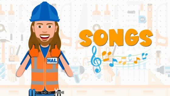 Cartoon construction worker in an orange safety vest and blue hard hat giving thumbs up beside the word 'SONGS' and colorful musical notes on a light workshop backdrop.