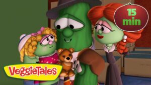 VeggieTales thumbnail: green vegetable characters with a teddy bear, logo bottom left, and a 15 min badge top right.