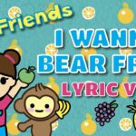 Bright cartoon thumbnail for a kids' lyric video 'I Wanna Bear Fruit' featuring CJ & Friends: a girl holding a strawberry and an apple, a smiling monkey, and colorful fruit illustrations on a teal background.