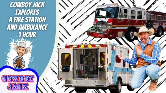 Thumbnail showing Cowboy Jack exploring a fire station and ambulance, with a cartoon cowboy logo on the left and a real cowboy posing beside a fire truck and an ambulance on a patterned background.