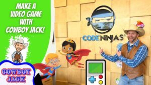 Promo image showing Cowboy Jack at Code Ninjas with cartoon superhero characters and a handheld game icon.