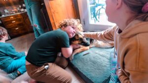 Children kneel and cuddle a dog lying on a blue rug inside a home, comforting it with gentle pets.