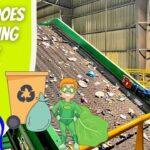 Worker in a safety vest and hard hat points to a trash-filled conveyor in a recycling facility, with cartoon cowboy and superhero characters and the question 'Where does recycling go?'.