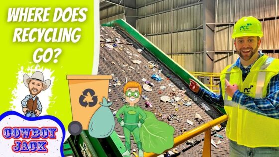Worker in a safety vest and hard hat points to a trash-filled conveyor in a recycling facility, with cartoon cowboy and superhero characters and the question 'Where does recycling go?'.