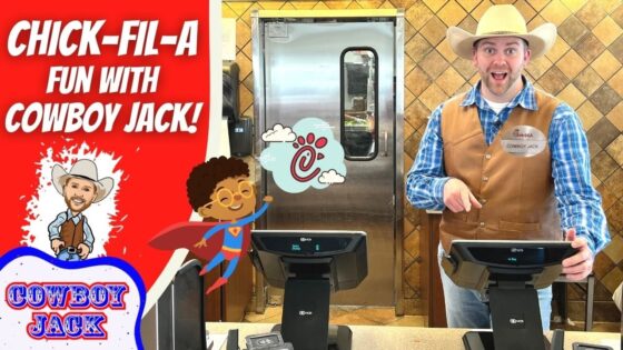 Chick-fil-A promo thumbnail: a smiling cowboy employee at a register, with a red panel reading 'CHICK-FIL-A FUN WITH COWBOY JACK!'