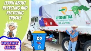 Colorful banner promoting recycling; a truck with Texas recycling logo, a waving cartoon recycling bin, and a cowboy mascot beside a smiling man in a hat.