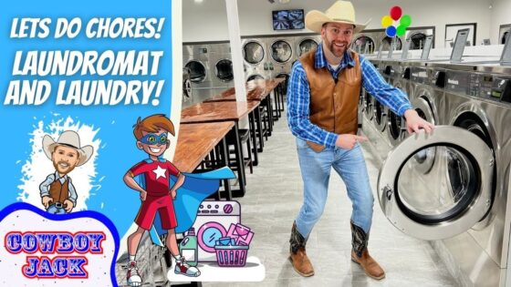 Thumbnail: a man in a cowboy hat and vest by front-loading washers in a laundromat, with cartoon cowboys and bold text: "LET'S DO CHORES! LAUNDRY AND LAUNDRY!" and a "COWBOY JACK" graphic.