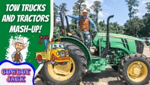 Man in a cowboy hat standing on a green John Deere tractor beside a cartoon tow-truck graphic and bold left-side text.