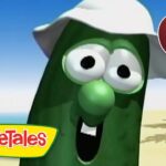 Green VeggieTales cucumber character on a sunny beach, wearing a white hat; 13 Min video thumbnail