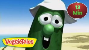 Green VeggieTales cucumber character on a sunny beach, wearing a white hat; 13 Min video thumbnail