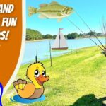 Cowboy-themed fishing thumbnail: man with fishing rods by a lake, cartoon duck, and the text 'FISHING AND OUTDOOR FUN FOR KIDS!'