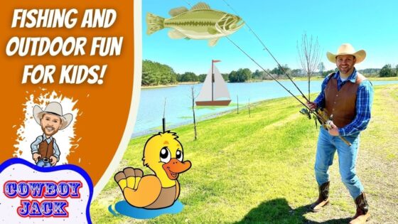Cowboy-themed fishing thumbnail: man with fishing rods by a lake, cartoon duck, and the text 'FISHING AND OUTDOOR FUN FOR KIDS!'