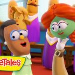 Two VeggieTales characters sing on a stage with a banana-chorus behind them; VeggieTales logo in the corner.