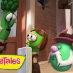 VeggieTales scene with three green vegetables: a tall one peeking through a doorway while two others look on, logo VeggieTales in the corner.
