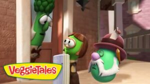 VeggieTales scene with three green vegetables: a tall one peeking through a doorway while two others look on, logo VeggieTales in the corner.