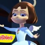 Angel character from VeggieTales, with a halo, wings, and blue dress, arms outstretched in a night scene (logo in corner).