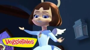 Angel character from VeggieTales, with a halo, wings, and blue dress, arms outstretched in a night scene (logo in corner).