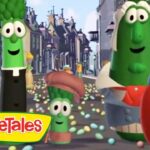 Scene from VeggieTales: animated vegetables marching in a parade on a city street, smiling faces, colorful confetti, logo visible.