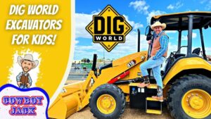 Thumbnail showing a cowboy on a large yellow excavator with the Dig World logo and 'Cowboy Jack' graphic on a yellow panel, set against a blue sky.