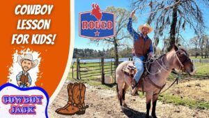 Thumbnail for a kids' cowboy lesson: a man on a horse roping, with an orange panel reading 'Cowboy Lesson for Kids!' and cartoon cowboy artwork on the left.