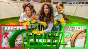 Three girls with yellow gloves pose behind a bright green chair frame, showing a before/after setup with a red X on the left and a green check on the right.