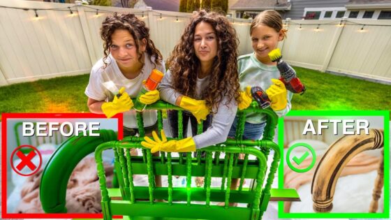 Three girls with yellow gloves pose behind a bright green chair frame, showing a before/after setup with a red X on the left and a green check on the right.