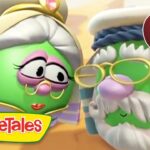 Two green VeggieTales characters wearing hats and glasses talk to each other, logo bottom left, 12 Min badge top right.