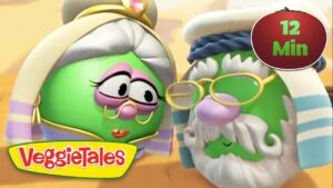Two green VeggieTales characters wearing hats and glasses talk to each other, logo bottom left, 12 Min badge top right.