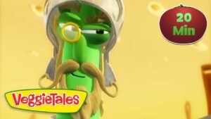 VeggieTales green veggie character with monocle and mustache on a yellow background, logo visible