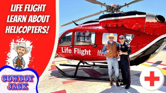 Red Life Flight helicopter with two men posing in front, cowboy-themed branding on the side, and a bold left panel reading 'Life Flight Learn About Helicopters' with a 'Cowboy Jack' logo and a medical cross symbol in the corner.