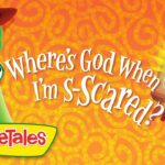 VeggieTales cover art showing a green broccoli character with a yellow hat on the left and a popping “Where's God When I’m Scared?” title across an orange patterned background, with a worried green character inside a monitor on the right.
