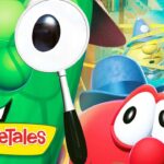 Green VeggieTales character holds a magnifying glass while a red vegetable looks on; yellow police tape in the background.